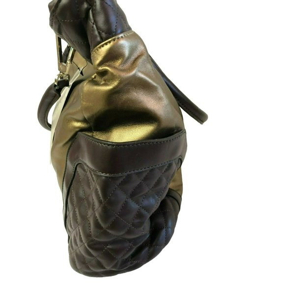 Joes Mangano Womens Hand Bag Reversable Purse Tote Gold Brown Adjustable Plast - Picture 3 of 10